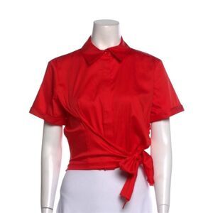 Alice + Olivia Red Crop Tie Front Button Down Shirt
